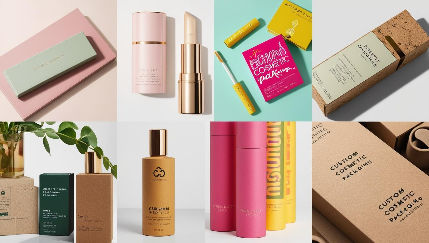 Collection of custom cosmetic packaging designs, showcasing eco-friendly materials, colorful tubes, and minimalist boxes for skincare and beauty products