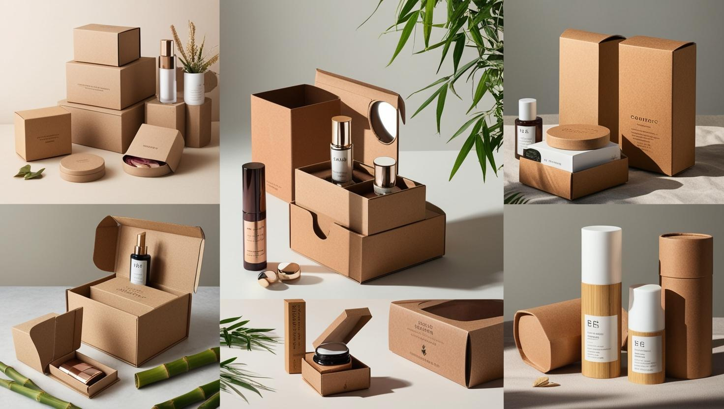 Sustainable cosmetic packaging made from eco-friendly materials with bamboo and cardboard designs.