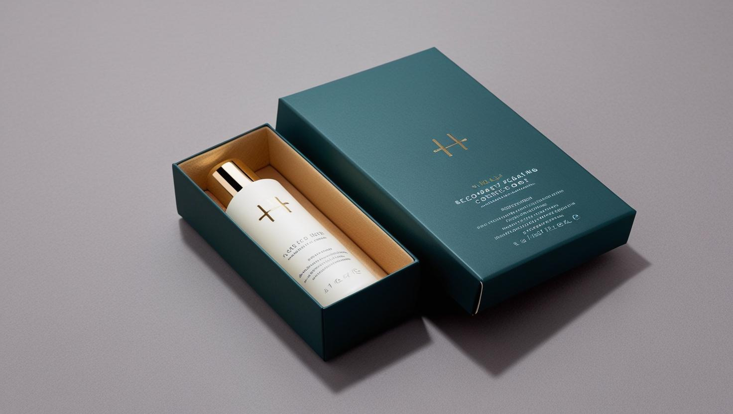 Luxury skincare product in a teal and gold premium box with elegant design details