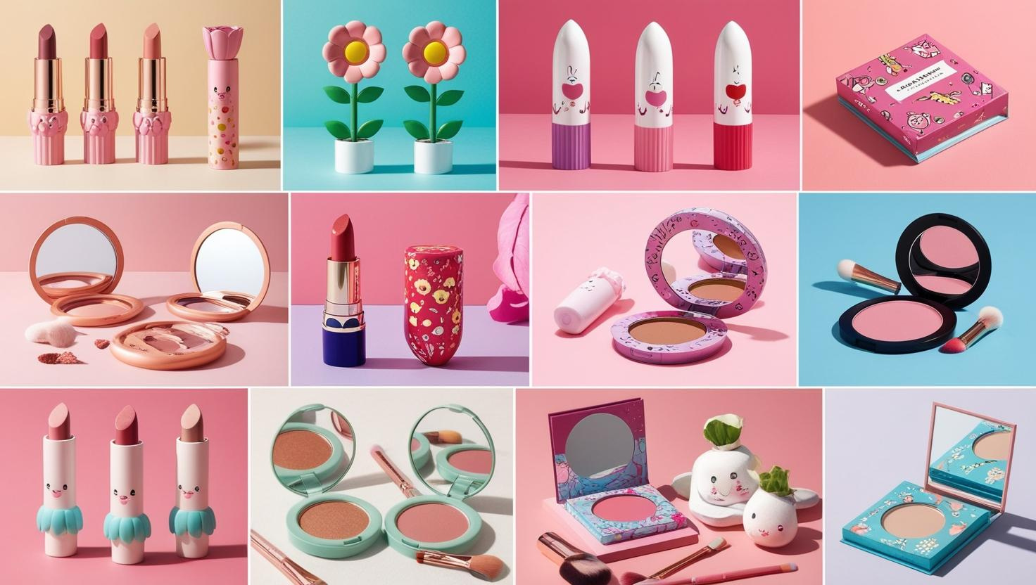 Cute and playful cosmetic packaging featuring vibrant colors, floral designs, and character-themed cases