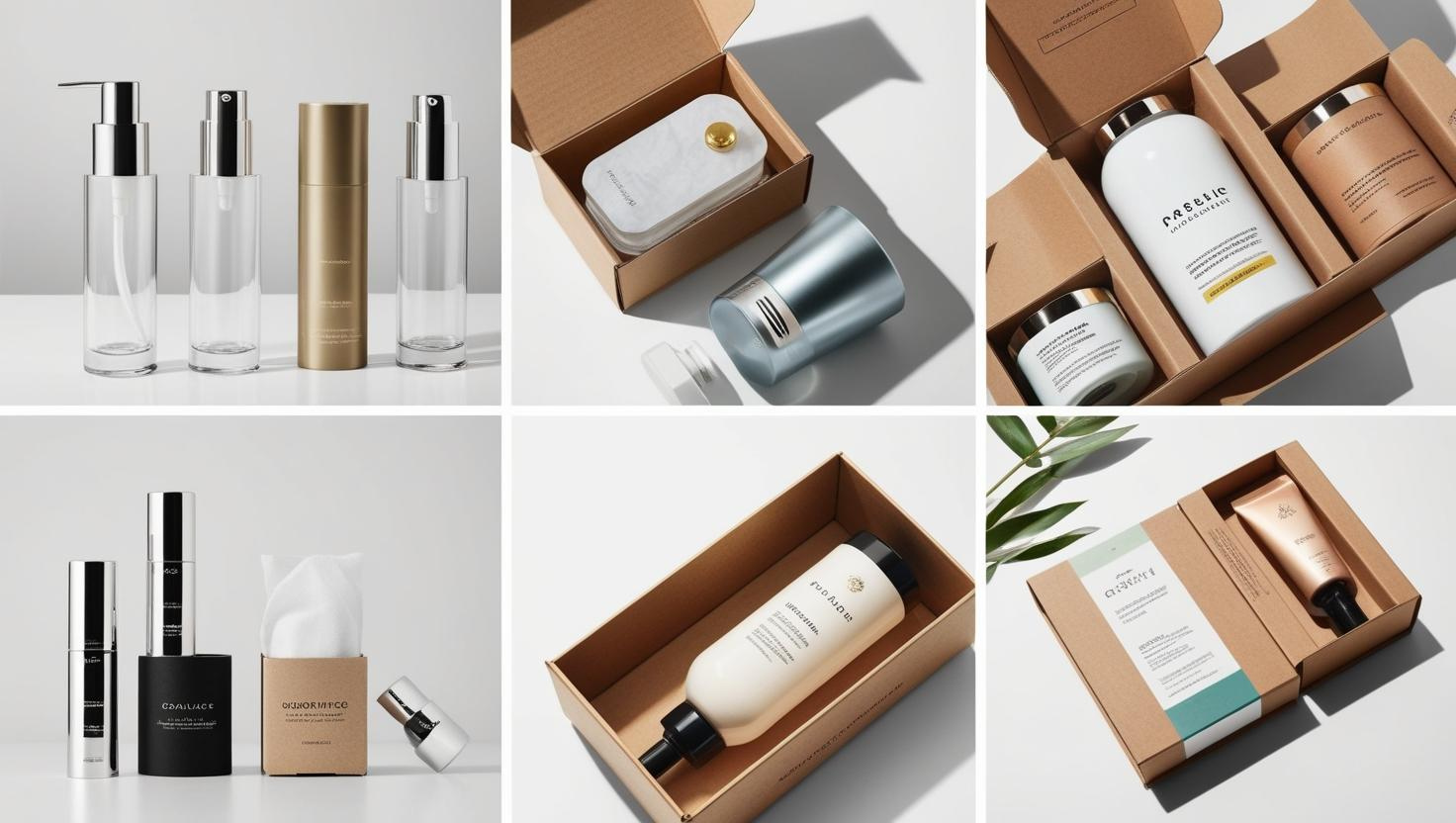 Minimalist cosmetic packaging featuring glass bottles, cardboard boxes, and metallic accents for a clean, modern look