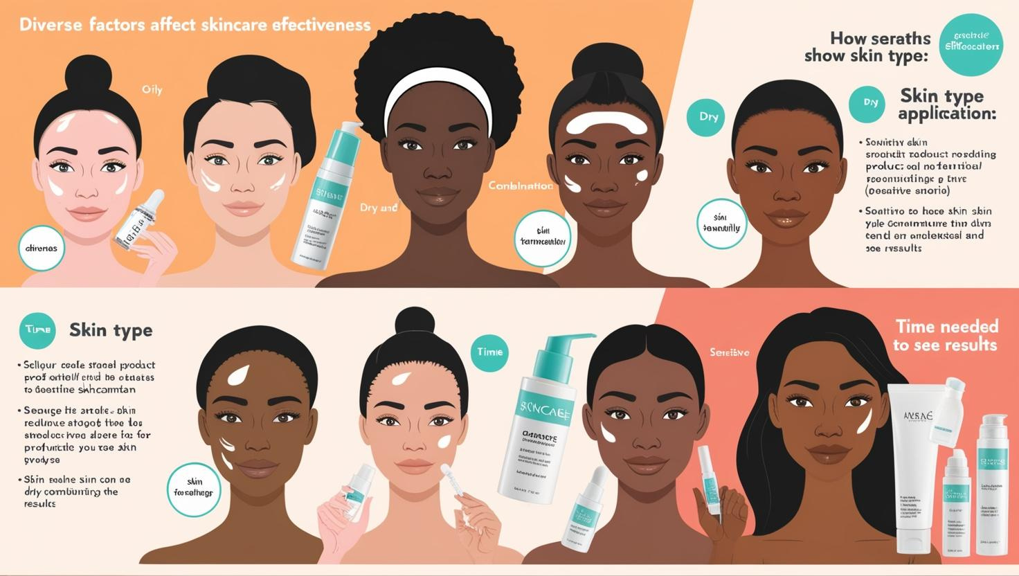 Illustrated infographic showing how different skin types affect skincare effectiveness and the time needed to see results.