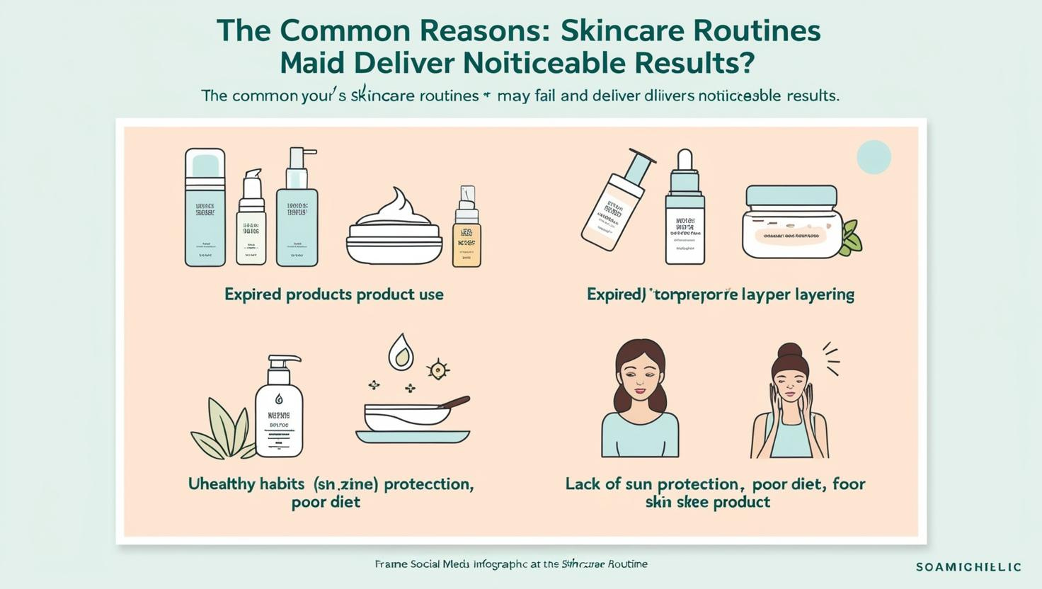 Infographic listing reasons skincare routines may fail, such as expired products, unhealthy habits, and lack of sun protection