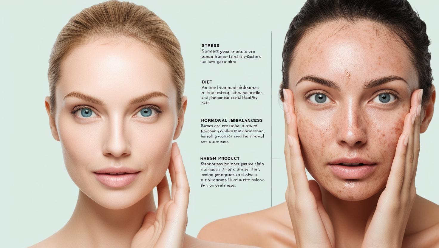 Illustration of skin issues caused by stress, diet, hormonal imbalances, and harsh products alongside healthy skin comparison.