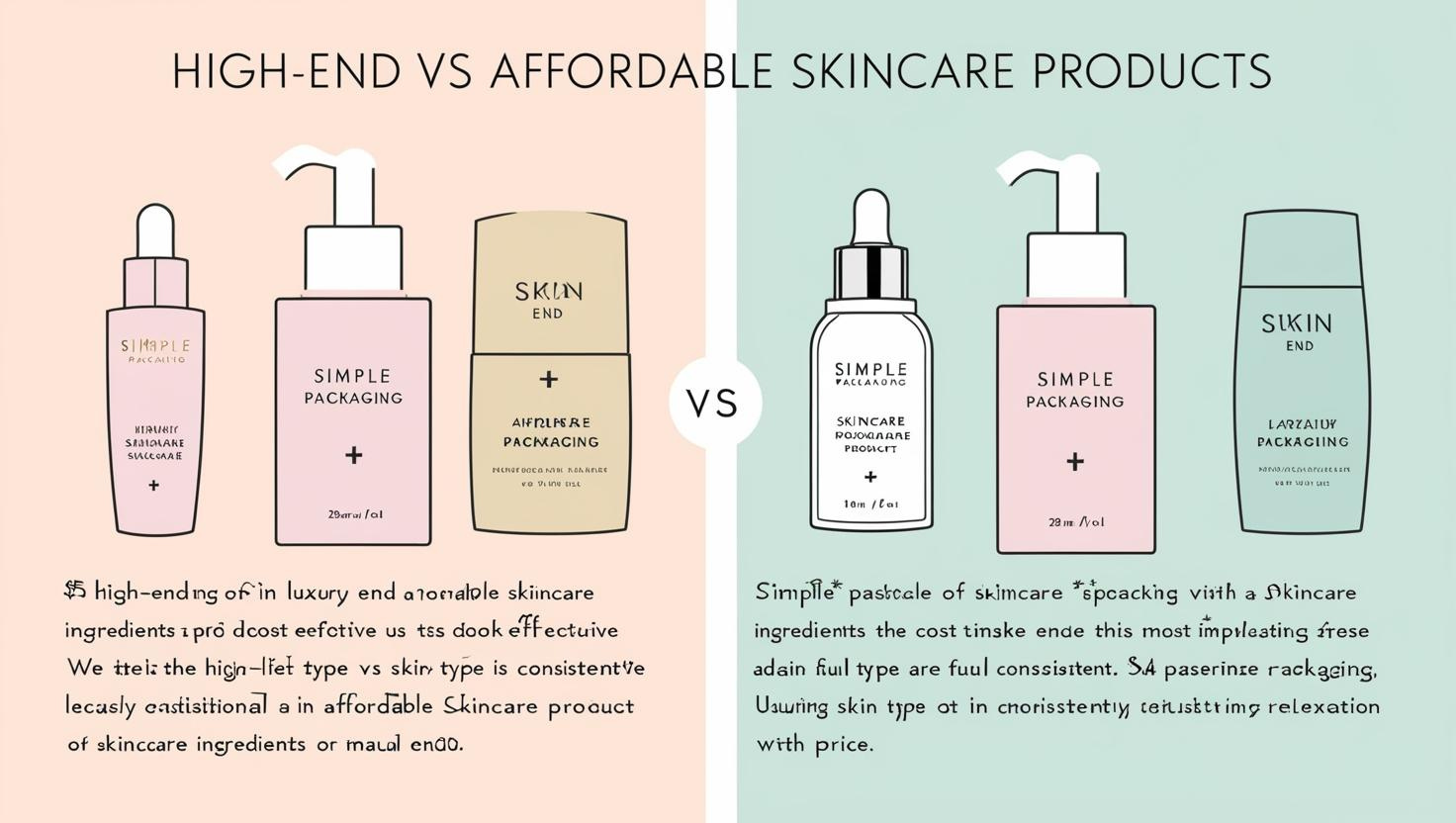 Comparison of high-end and affordable skincare products, highlighting differences in packaging, price, and effectiveness