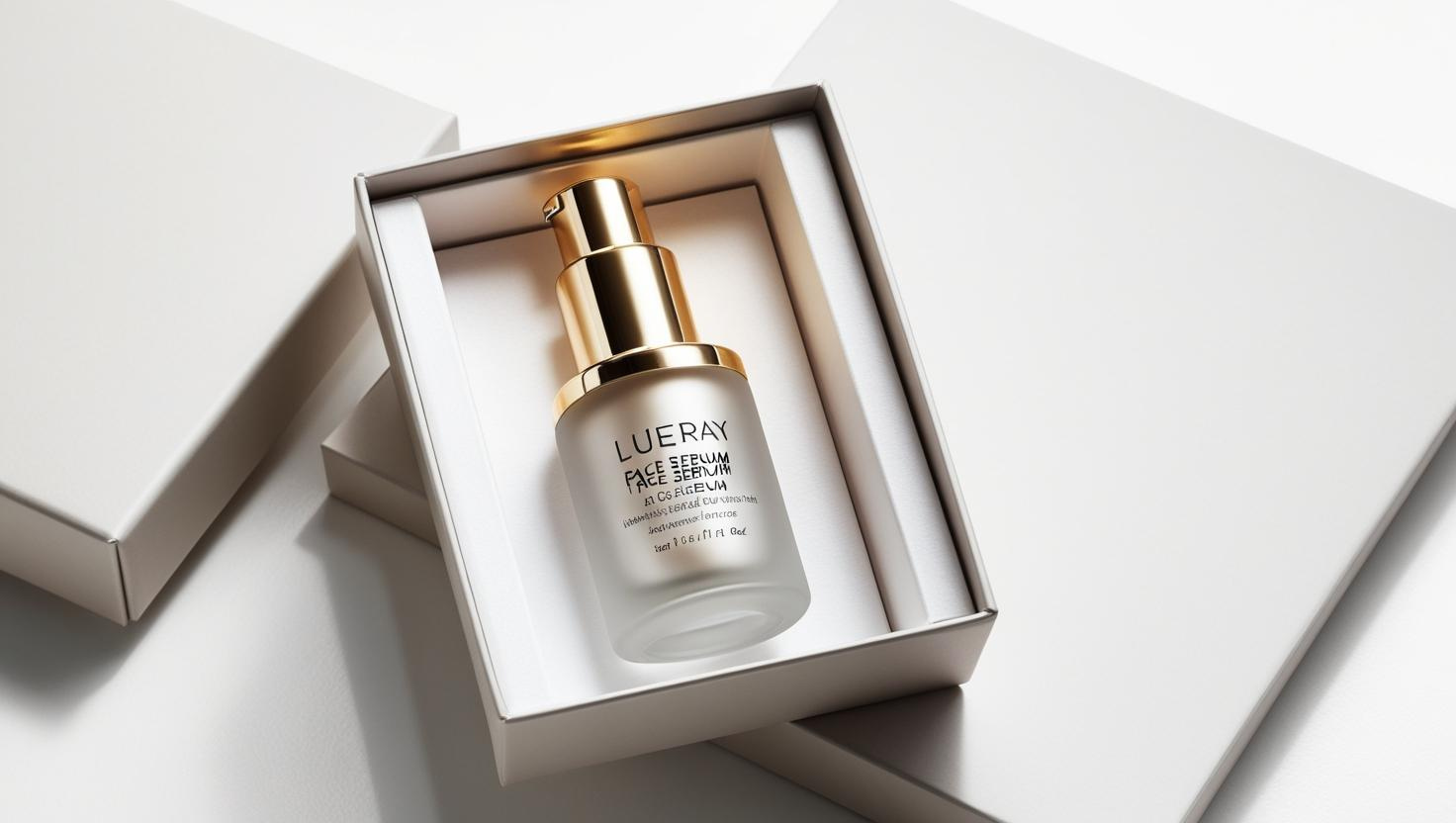 Luxury face serum in frosted glass bottle with gold pump, presented in elegant white packaging