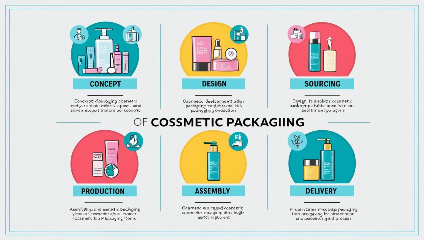 Diagram illustrating six stages of cosmetic packaging: concept, design, sourcing, production, assembly, and delivery.