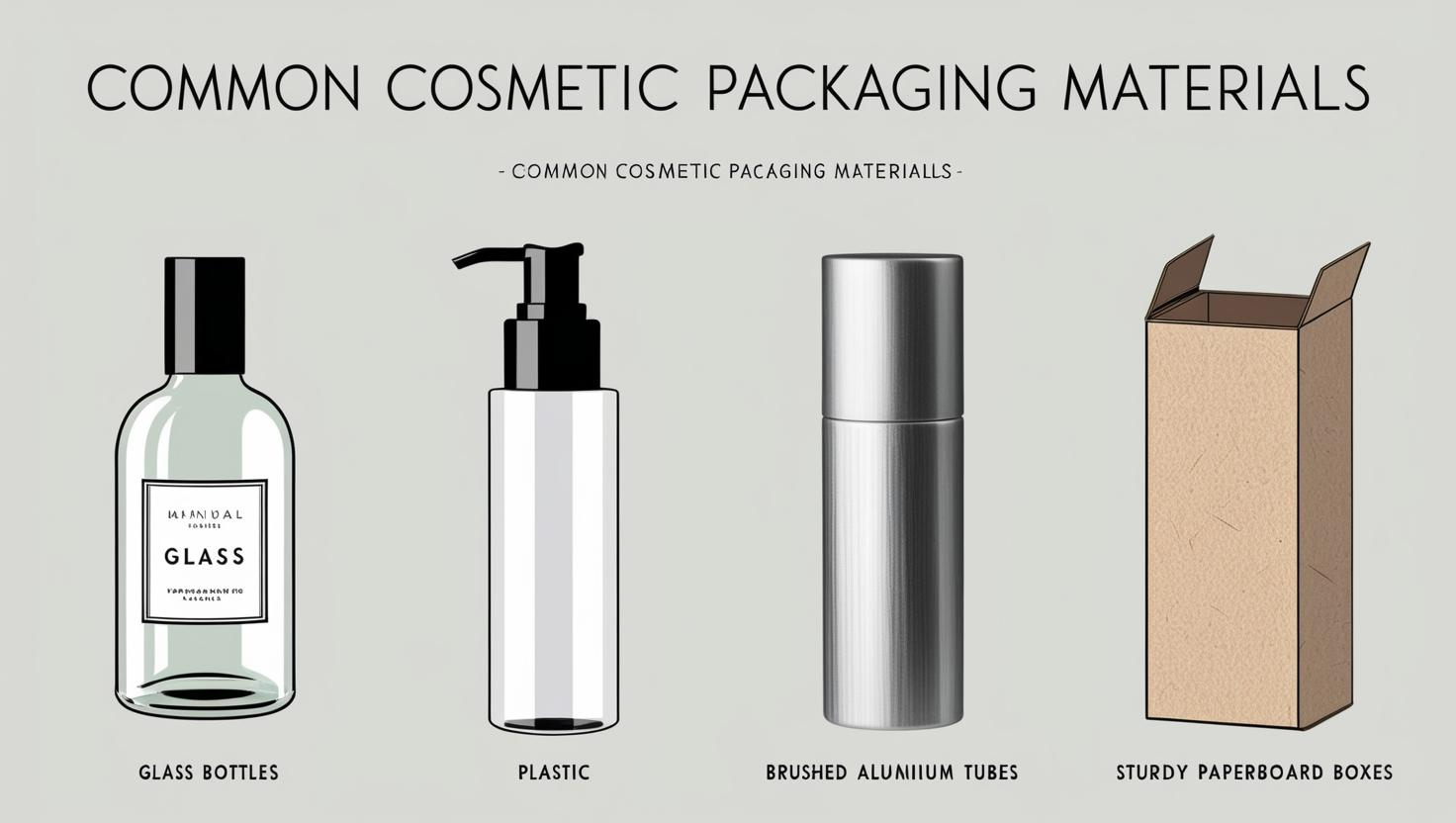 Illustration of common cosmetic packaging materials: glass bottles, plastic, brushed aluminum tubes, and sturdy paperboard boxes.