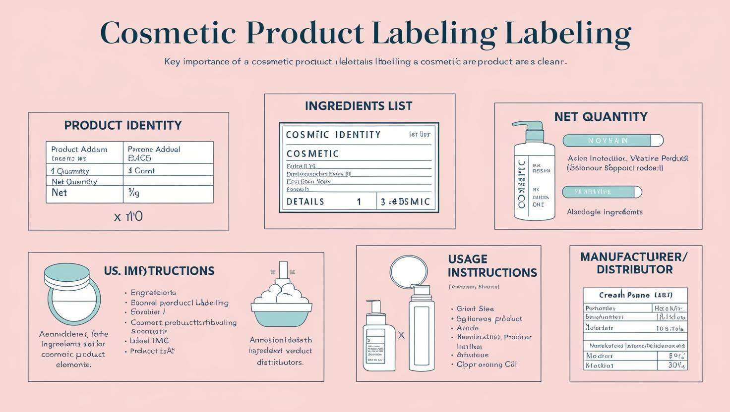 Infographic outlining key cosmetic product labeling elements: product identity, ingredients list, net quantity, usage instructions, and manufacturer details.