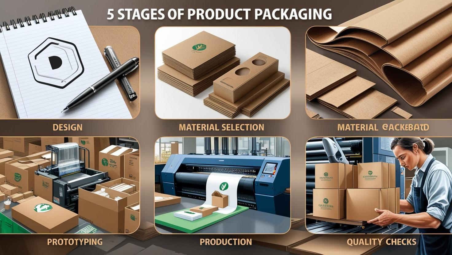 Illustration of five product packaging stages: design, material selection, prototyping, production, and quality checks.