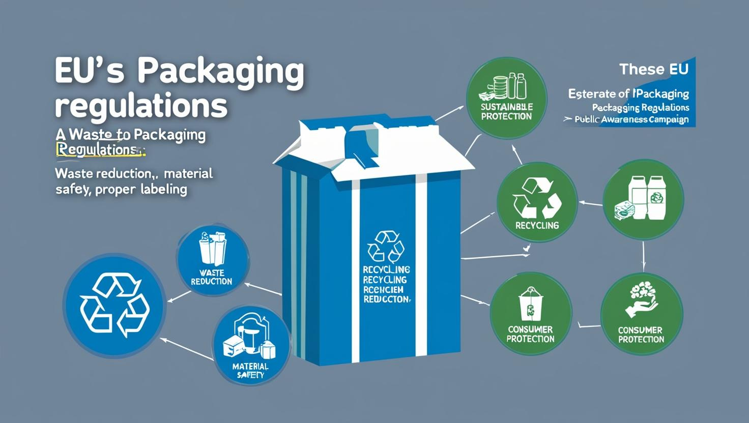 Infographic explaining EU packaging regulations, focusing on waste reduction, material safety, recycling, and consumer protection.