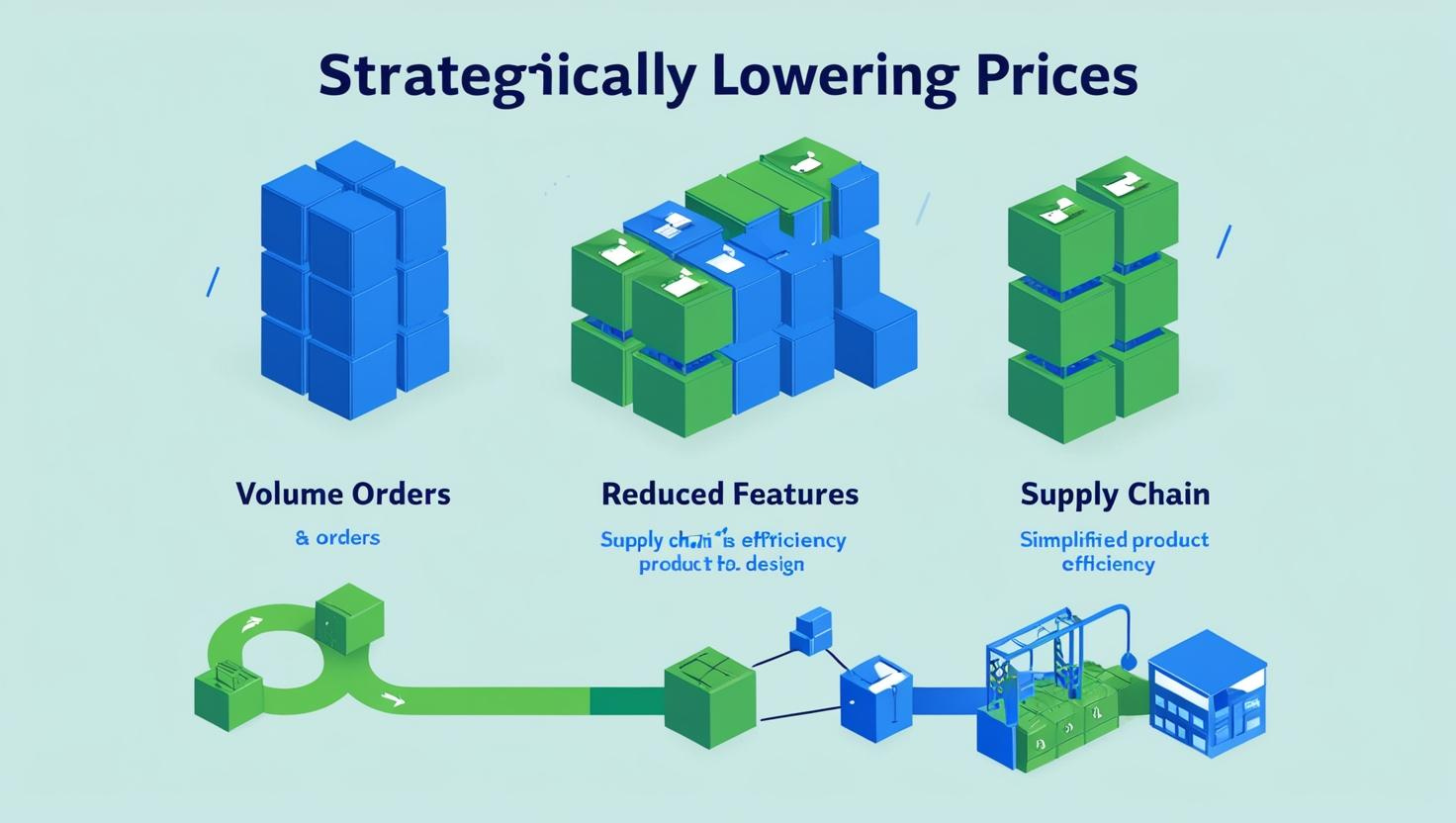 Diagram illustrating strategies for lowering prices: volume orders, reduced features, and supply chain efficiency