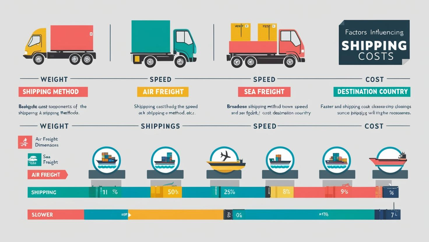 Infographic showing shipping cost factors: weight, speed, method, and destination country.