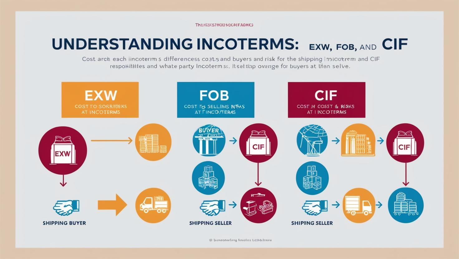 Infographic explaining Incoterms EXW, FOB, and CIF with buyer and seller responsibilities.