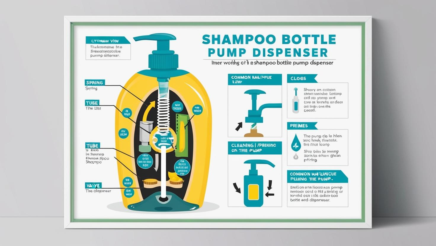 Illustrated cross-sectional diagram of a shampoo bottle pump dispenser showing internal components and explanations.