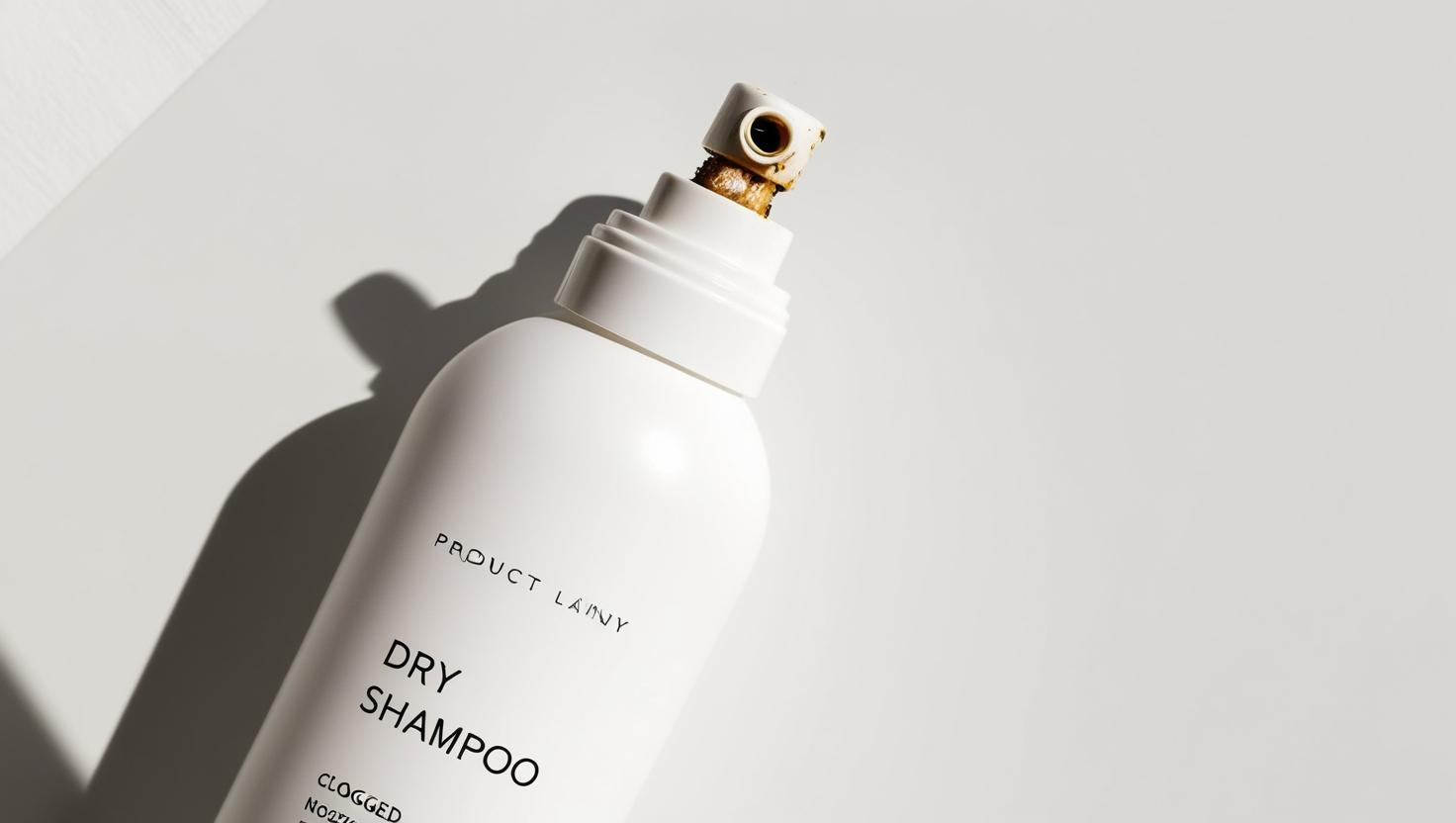 Close-up of a white dry shampoo bottle with a clogged spray nozzle on a light background.