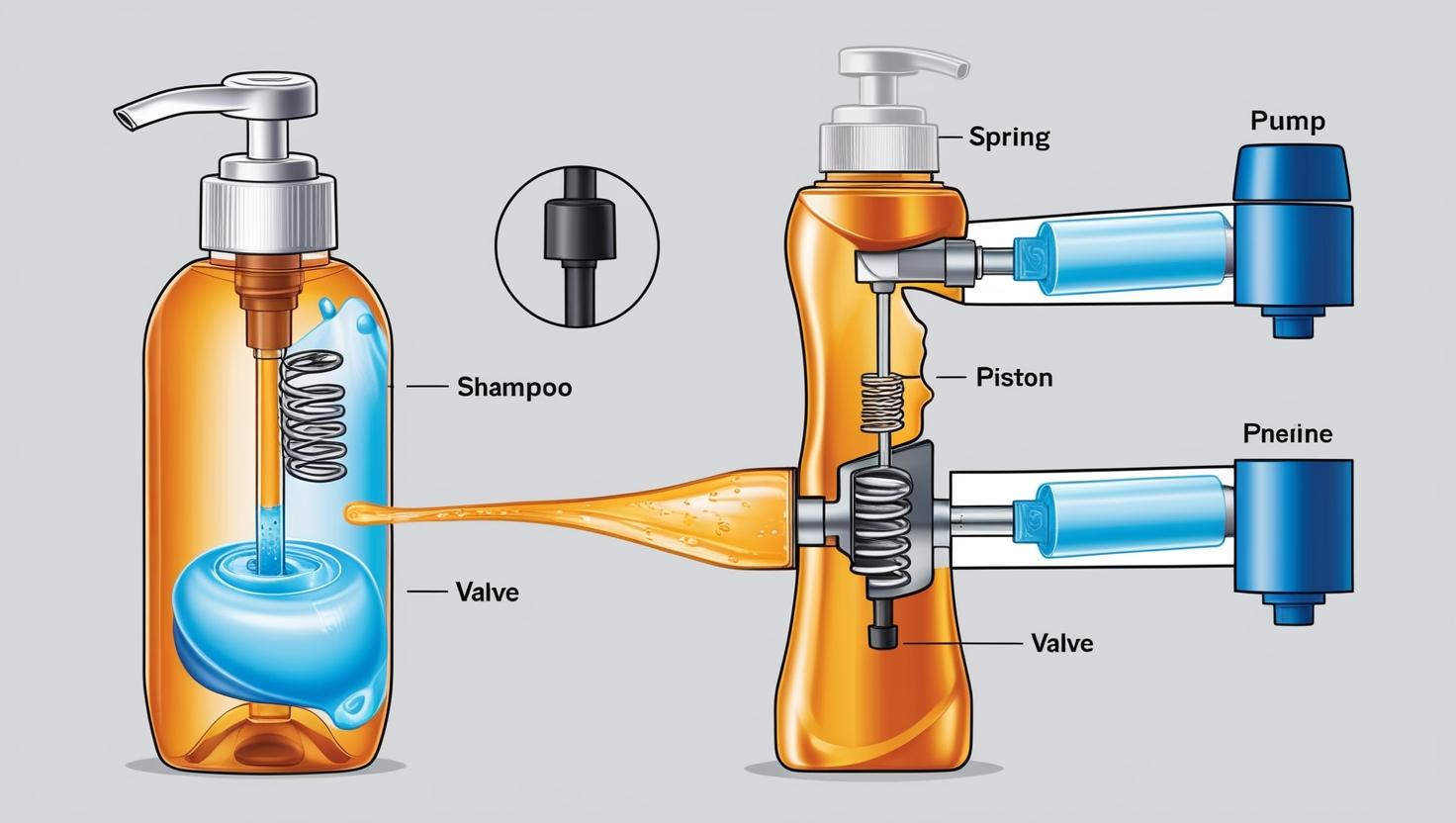 Diagram showing the internal mechanism of a liquid pump bottle, including spring, piston, and valve components.