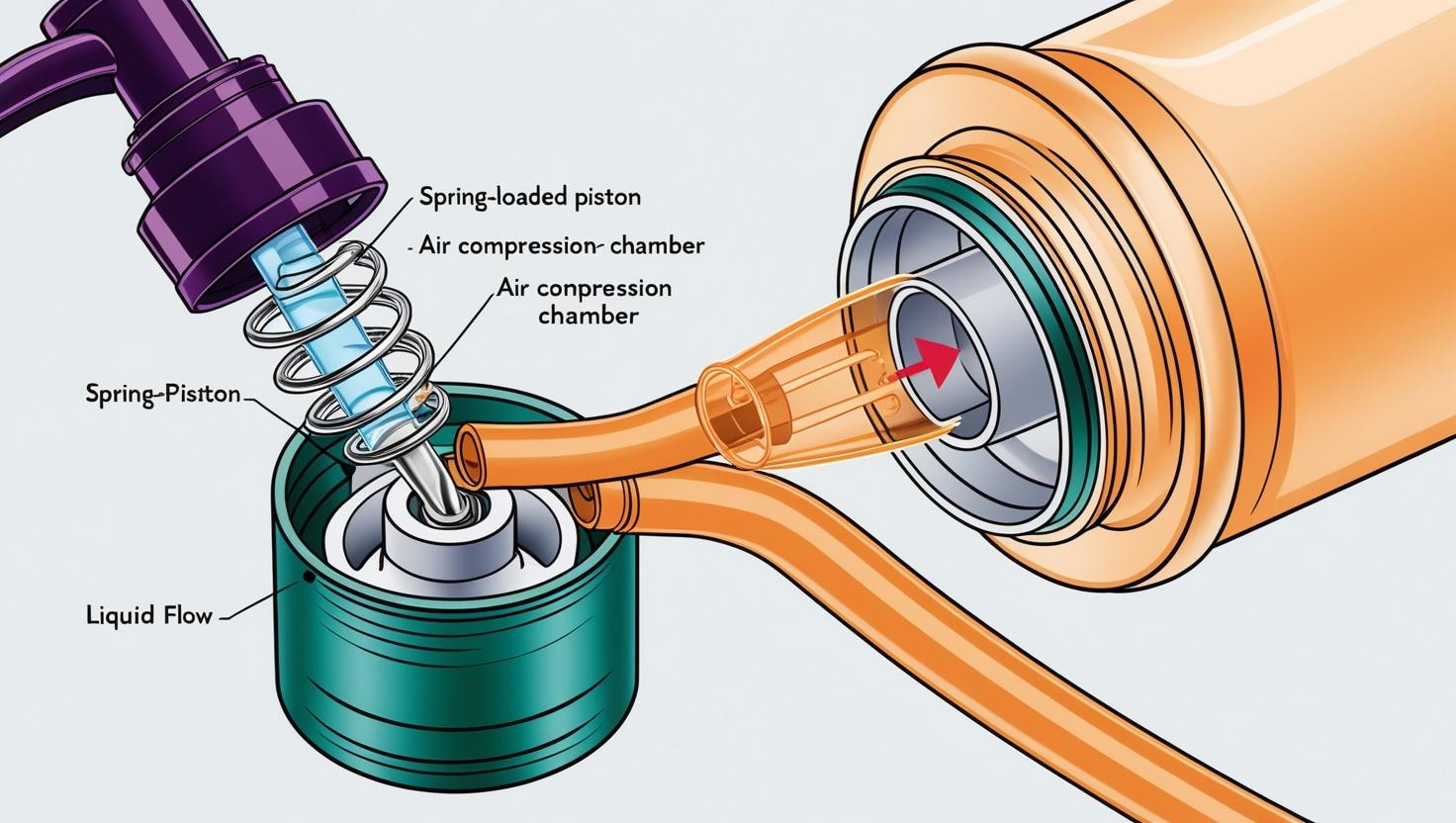 Detailed diagram of a pump's spring-loaded piston and air compression chamber, showing liquid flow dynamics.