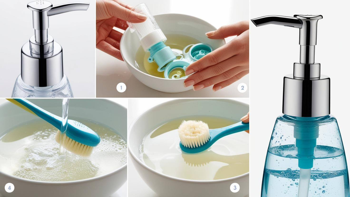 Step-by-step cleaning process for a soap dispenser, including soaking parts in soapy water and scrubbing with a brush.