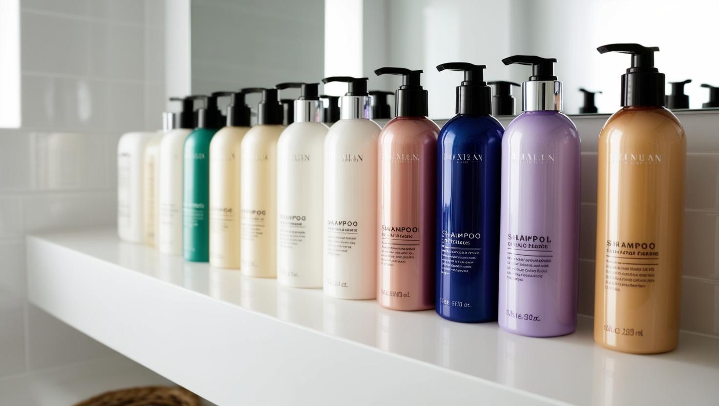 Row of shampoo bottles in various colors and designs neatly arranged on a white shelf.