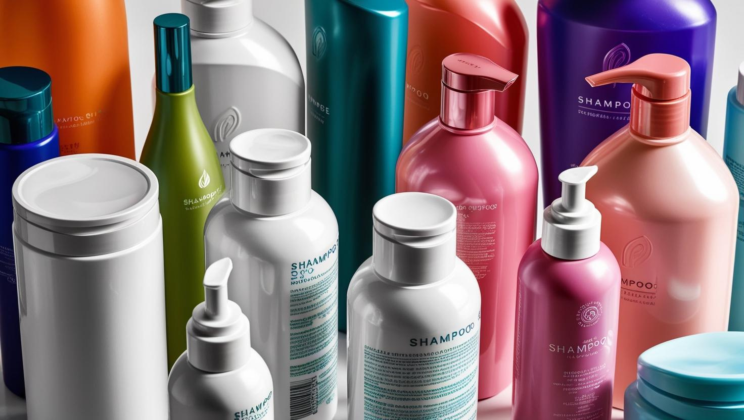 Various colorful shampoo bottles with different designs and labels on display.