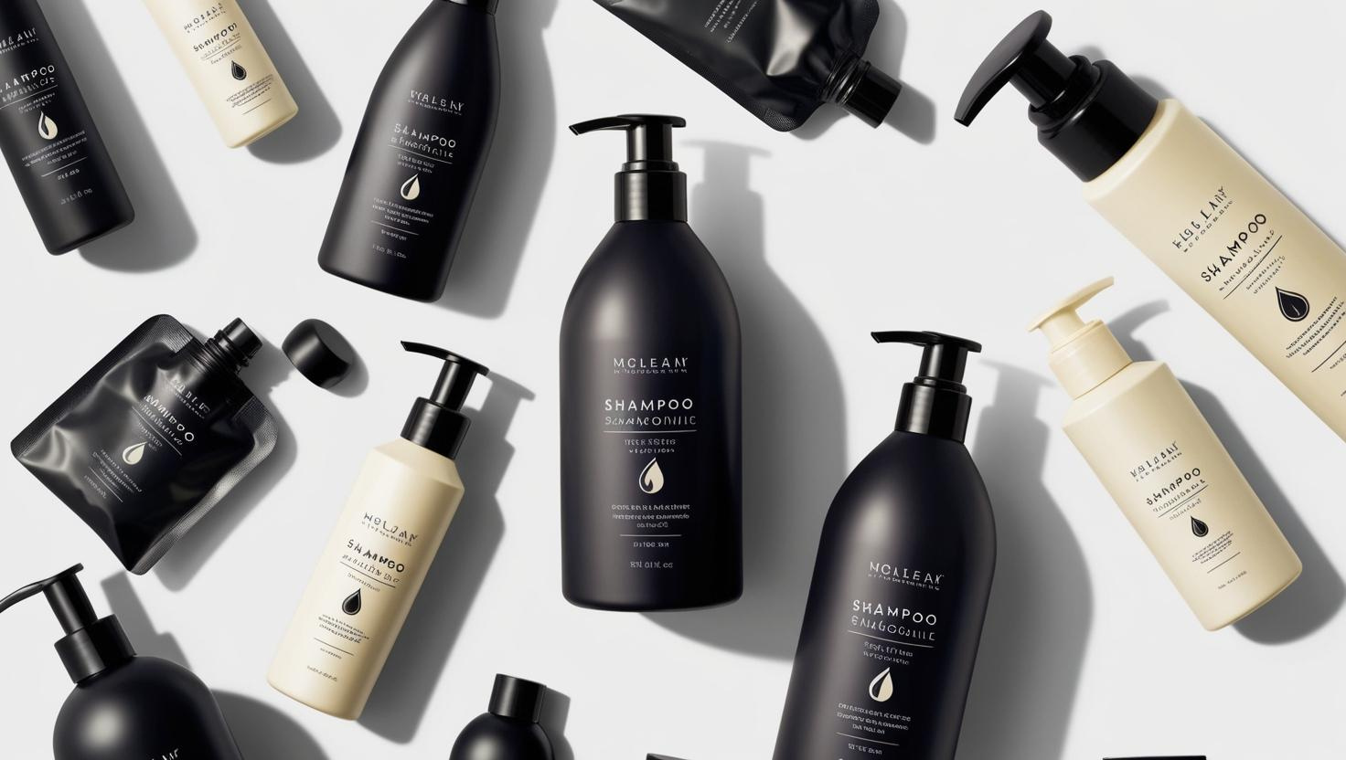 Black and beige shampoo bottles with minimalist packaging designs arranged on a white surface.