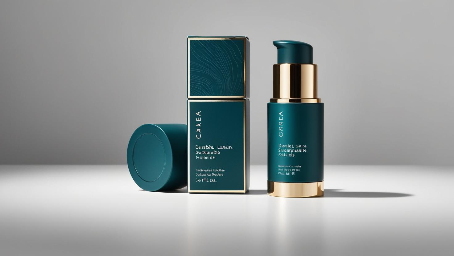 Elegant luxury skincare products with teal and gold packaging displayed on a white surface.