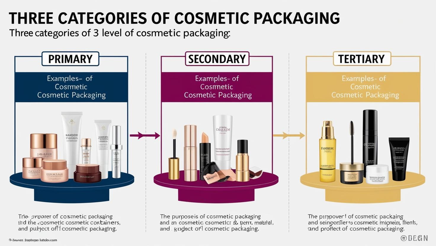 Three categories of cosmetic packaging: primary, secondary, and tertiary, with product examples and descriptions.