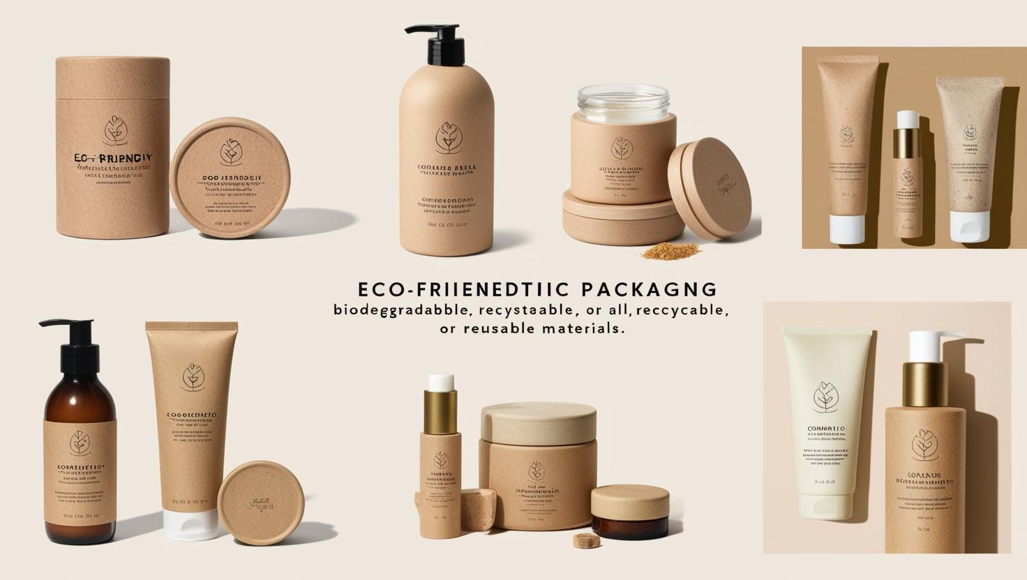 Sustainable skincare products with eco-friendly, biodegradable, and recyclable packaging on a beige background.