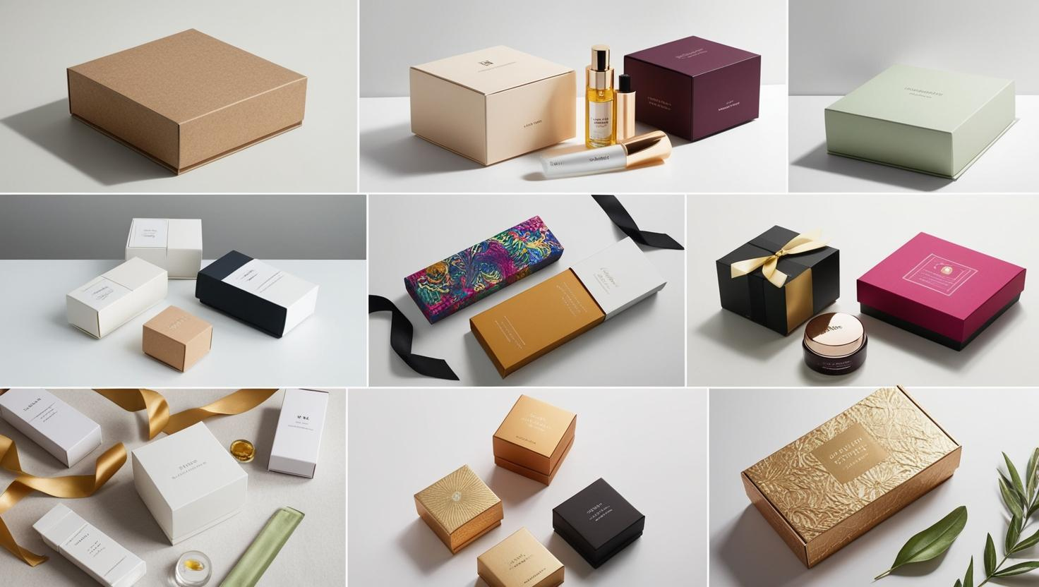 Various luxury packaging designs for products, featuring boxes in different colors, textures, and styles.