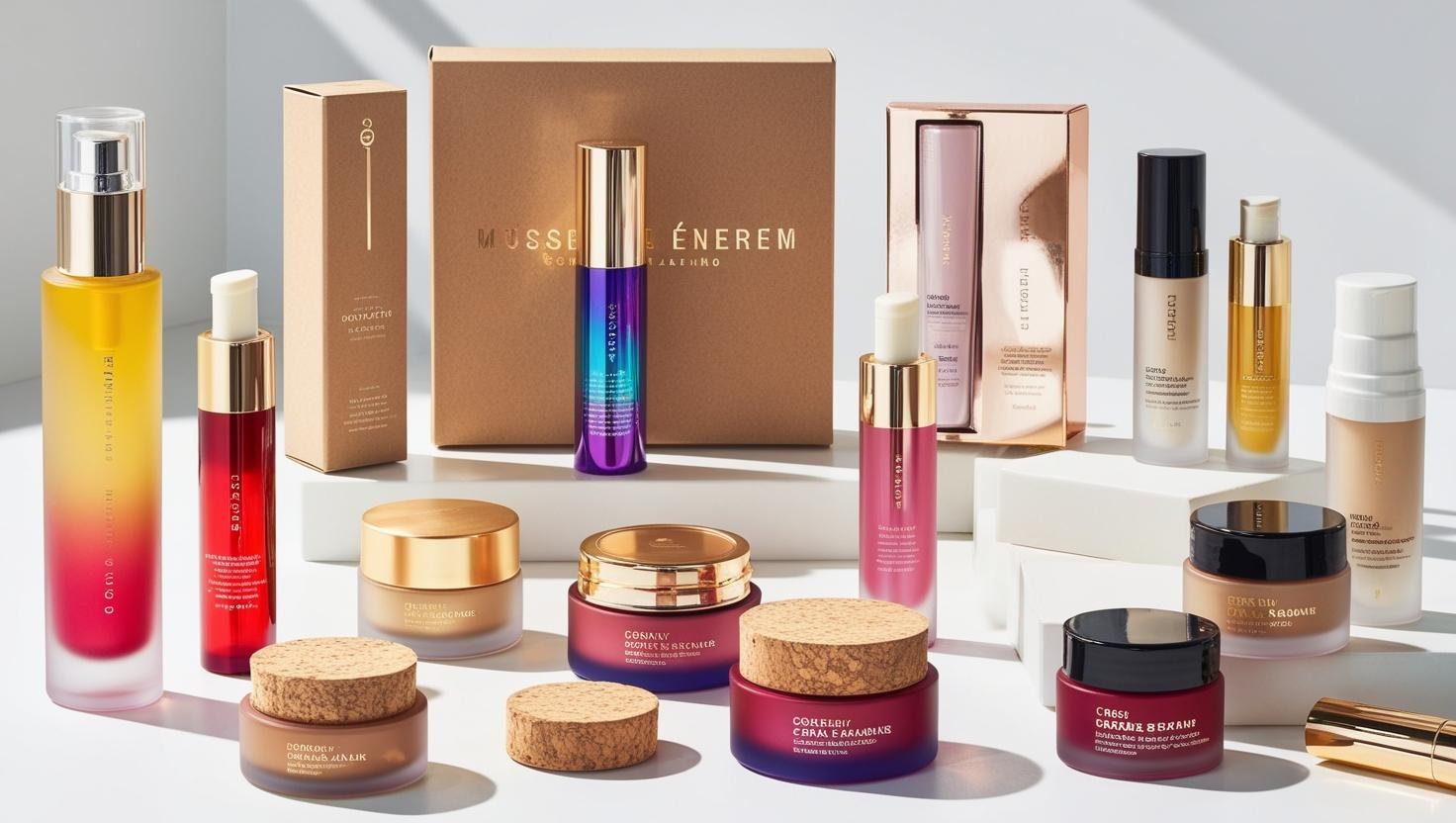 A variety of premium skincare products with vibrant and luxurious packaging, featuring cork, gold, and gradient designs.