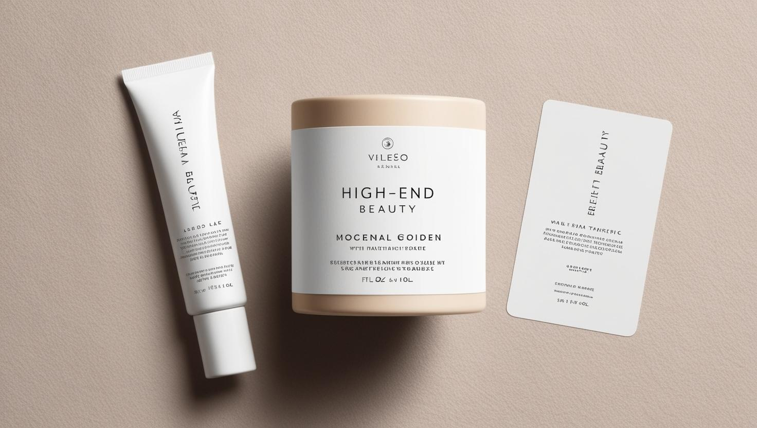 Elegant skincare products with minimalist white and beige packaging, featuring a tube, jar, and product card.