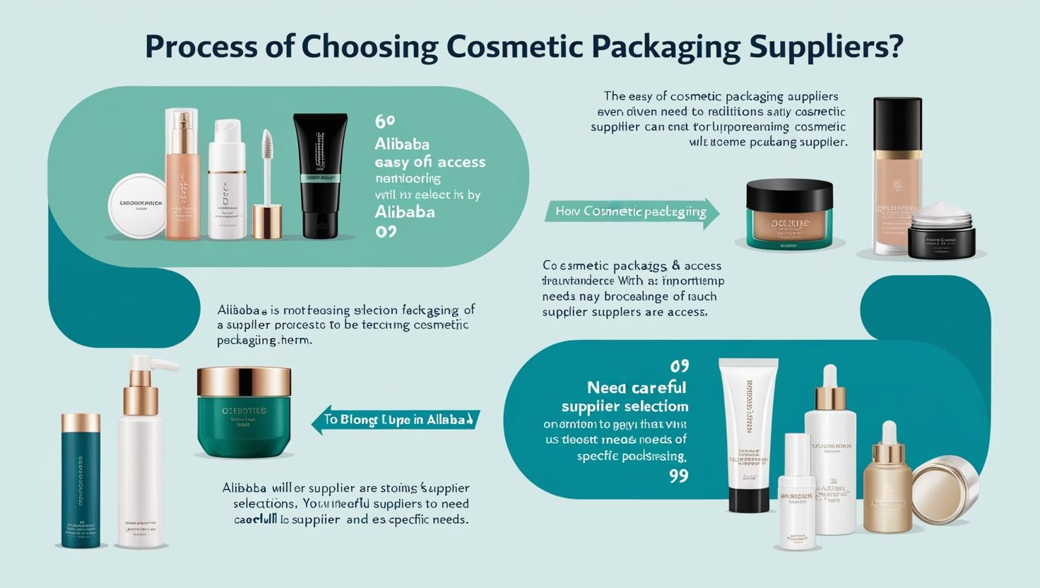 Infographic on selecting cosmetic packaging suppliers with product images and Alibaba highlights.