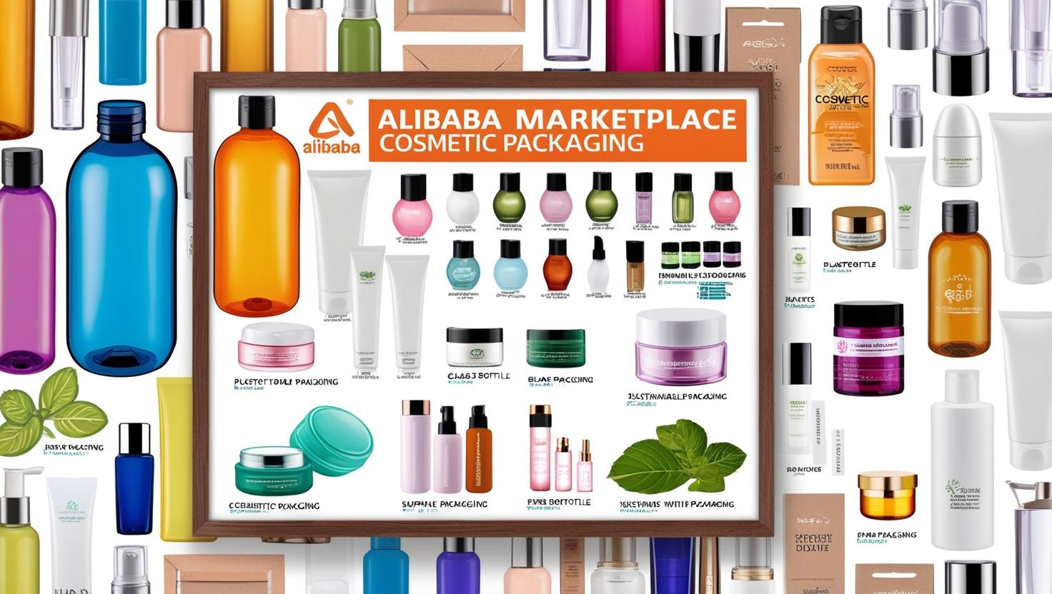 Variety of cosmetic packaging displayed on Alibaba marketplace with bottles, jars, and eco-friendly designs.