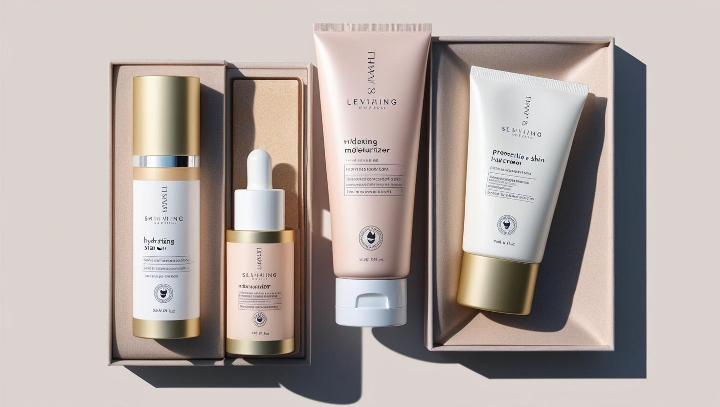 Set of premium skincare products in sleek gold and beige packaging, including serums and moisturizers.