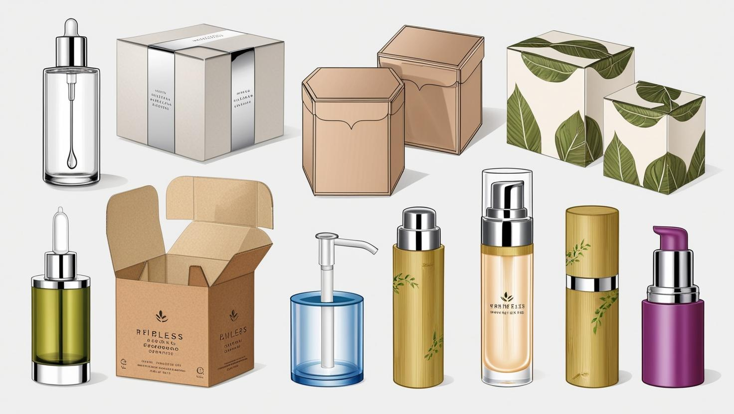 An assortment of eco-friendly cosmetic packaging designs, including glass bottles, cardboard boxes, and bamboo containers.