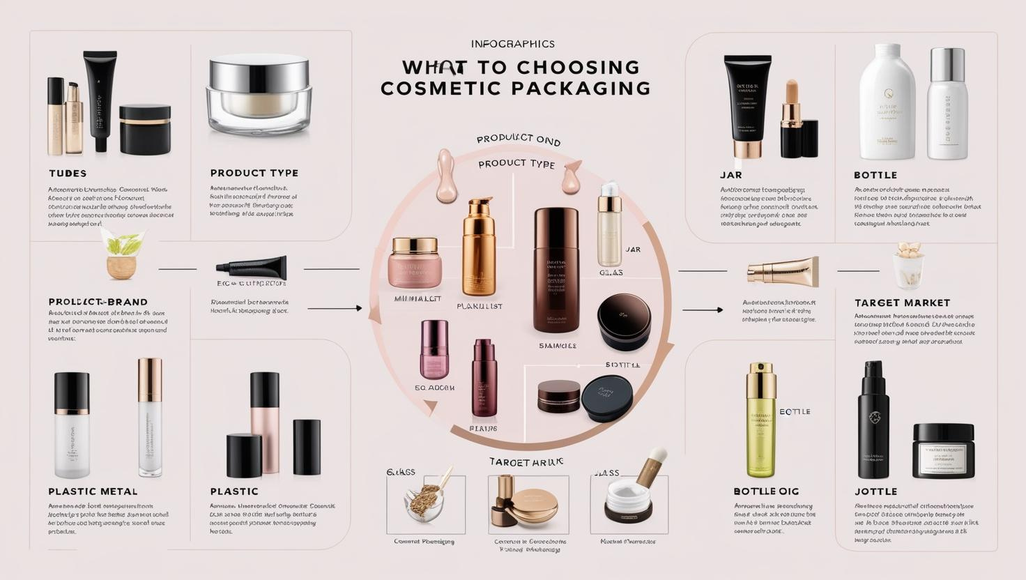 Infographic explaining how to choose cosmetic packaging, featuring various product types, materials, and target markets.