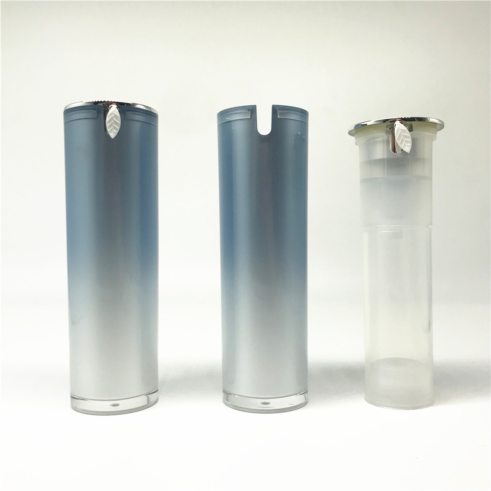 Gradient blue airless pump bottles with silver caps, disassembled view.