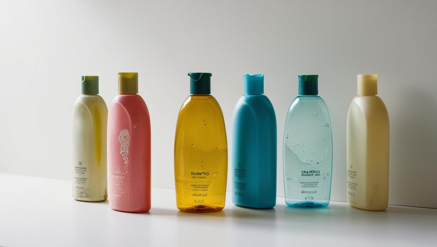 Six colorful shampoo bottles with varying designs and transparent finishes.