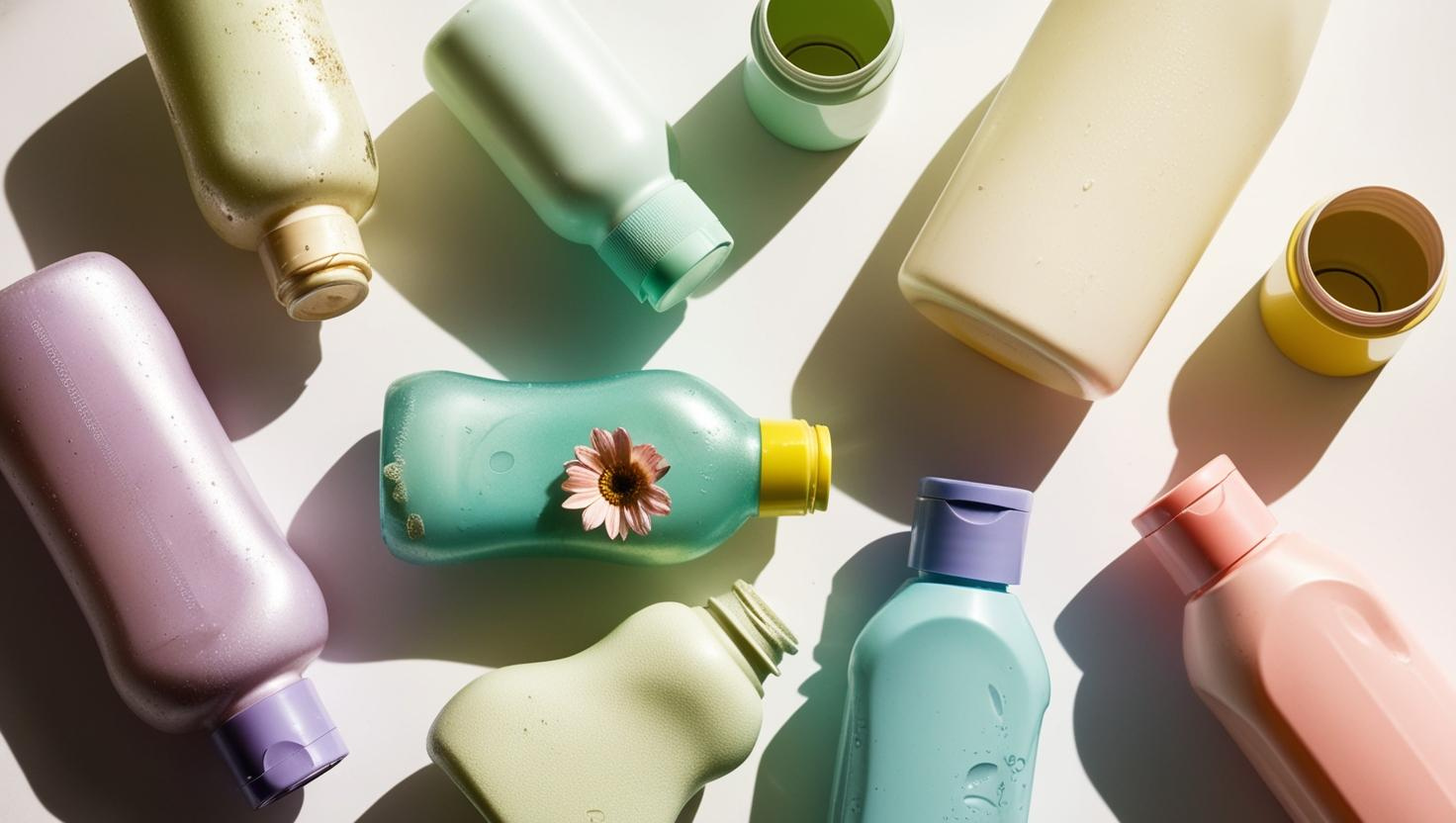 Assorted pastel-colored plastic bottles with a flower accent under sunlight.