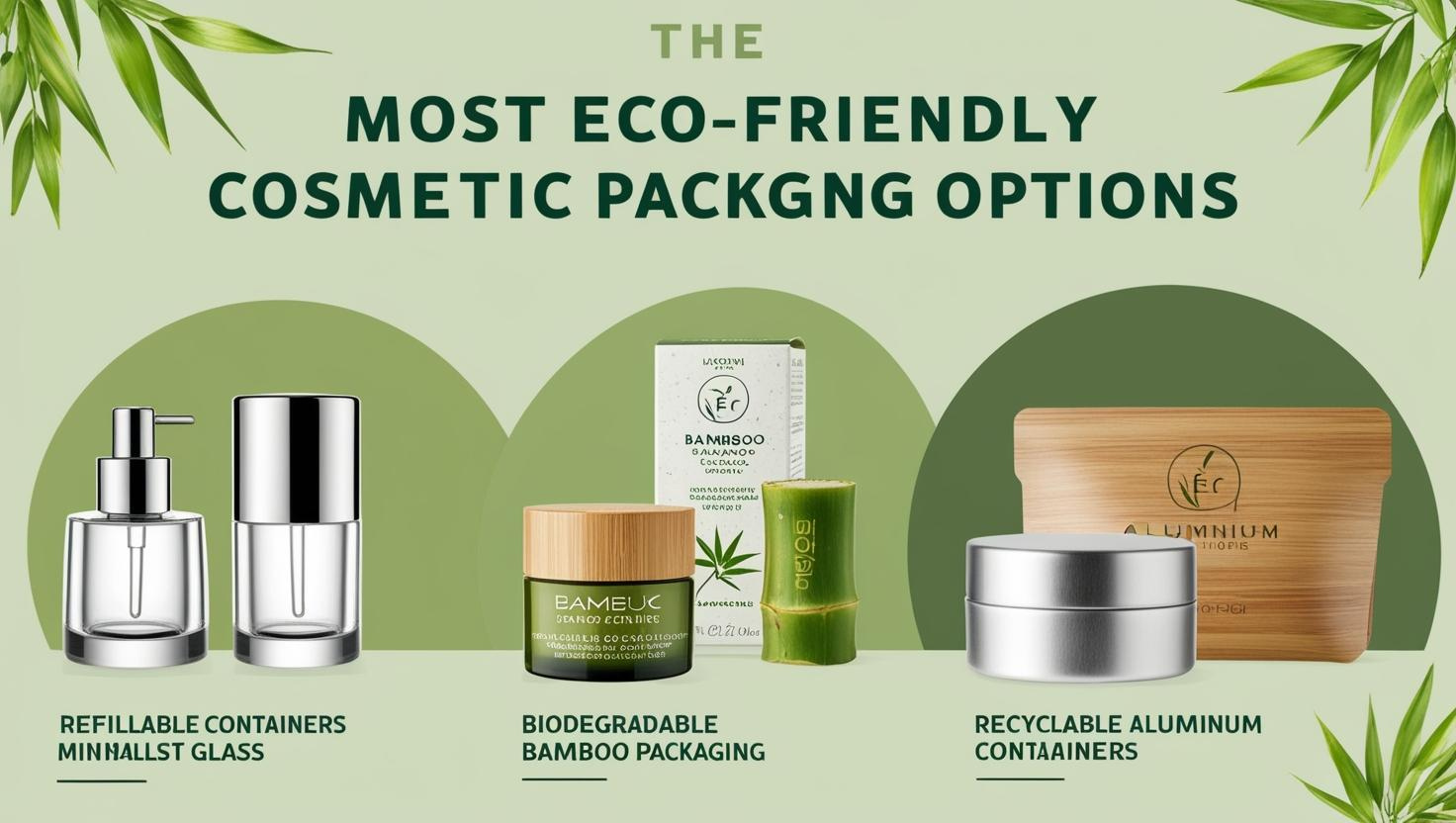 Refillable glass containers, bamboo packaging, and recyclable aluminum cosmetic containers.