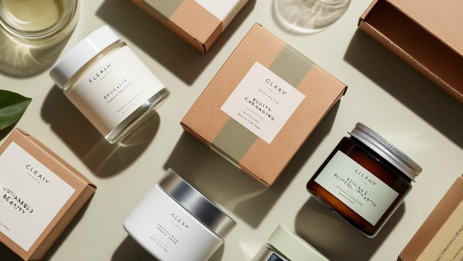 Minimalist beauty product jars and boxes with eco-friendly, sustainable designs.