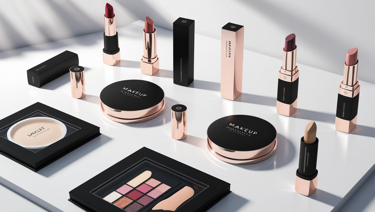 Elegant makeup products including lipsticks, compacts, and palettes with rose gold accents.