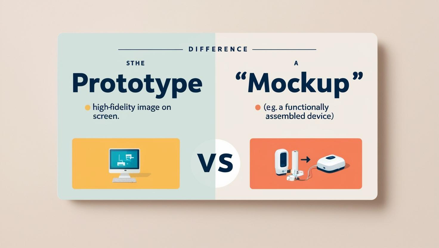 Comparison infographic showing the difference between a prototype and a mockup with illustrations.