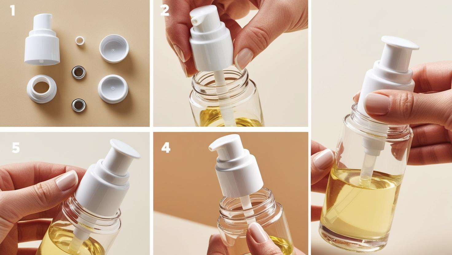 Step-by-step guide assembling a pump dispenser on a bottle.