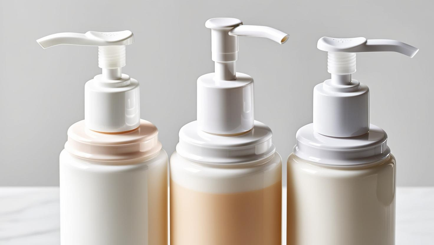 Three lotion pump bottles with white caps and creamy contents.