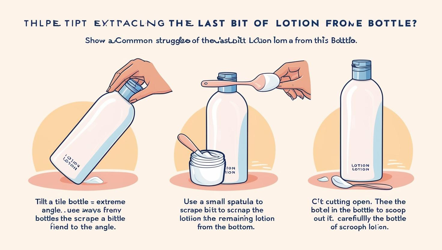 Illustrated steps for extracting the last bit of lotion from a bottle.