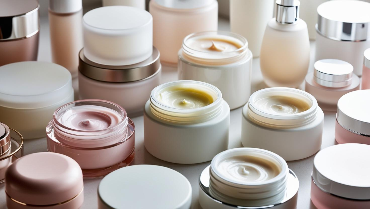 Assorted skincare jars and bottles with creams in various textures.