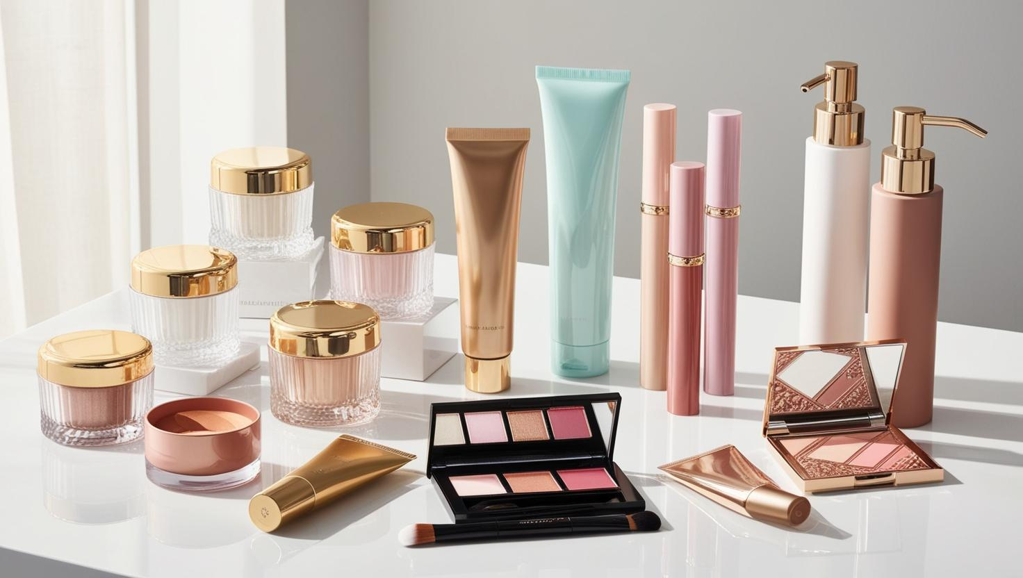 Elegant display of makeup and skincare items with gold accents.