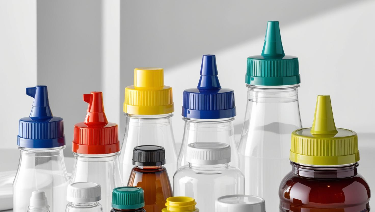 Assorted bottles with colorful nozzle caps in various sizes and designs.